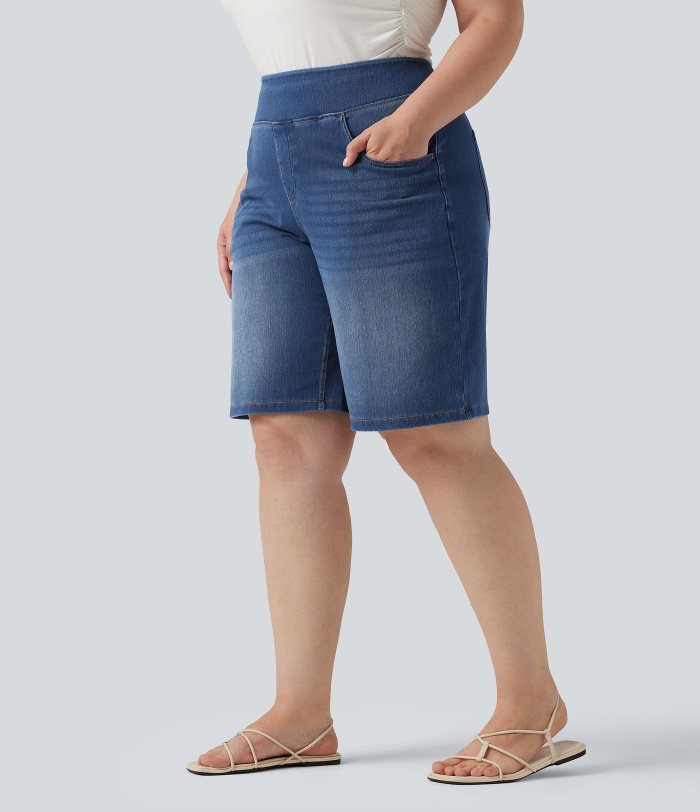 Bermuda 23 cm en jean  grande taille Halara Flex™ taille haute avec poches