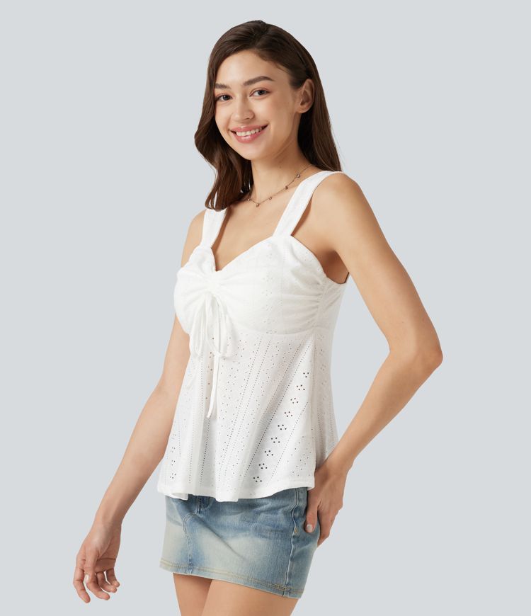 Ruched Drawstring Built-in Bra Eyelet Casual Tank Top