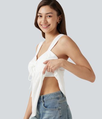 Ruched Drawstring Built-in Bra Eyelet Casual Tank Top