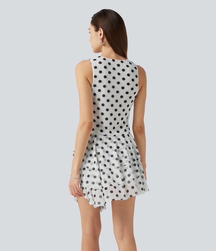 Round Neck Sleeveless Asymmetric Layered 2-Piece Polka Dot Mini Dress with Pocket Round Neck Sleeveless Asymmetric Layered 2-Piece Polka Dot Mini Dress with Pocket