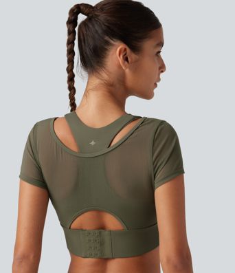 Crop top de running effet frais InstantCool à séchage rapide avec encolure bateau, mesh contrasté, manches courtes, coussinets amovibles et protection solaire UPF50+ Crop top de running effet frais InstantCool à séchage rapide avec encolure bateau, mesh contrasté, manches courtes, coussinets amovibles et protection solaire UPF50+
