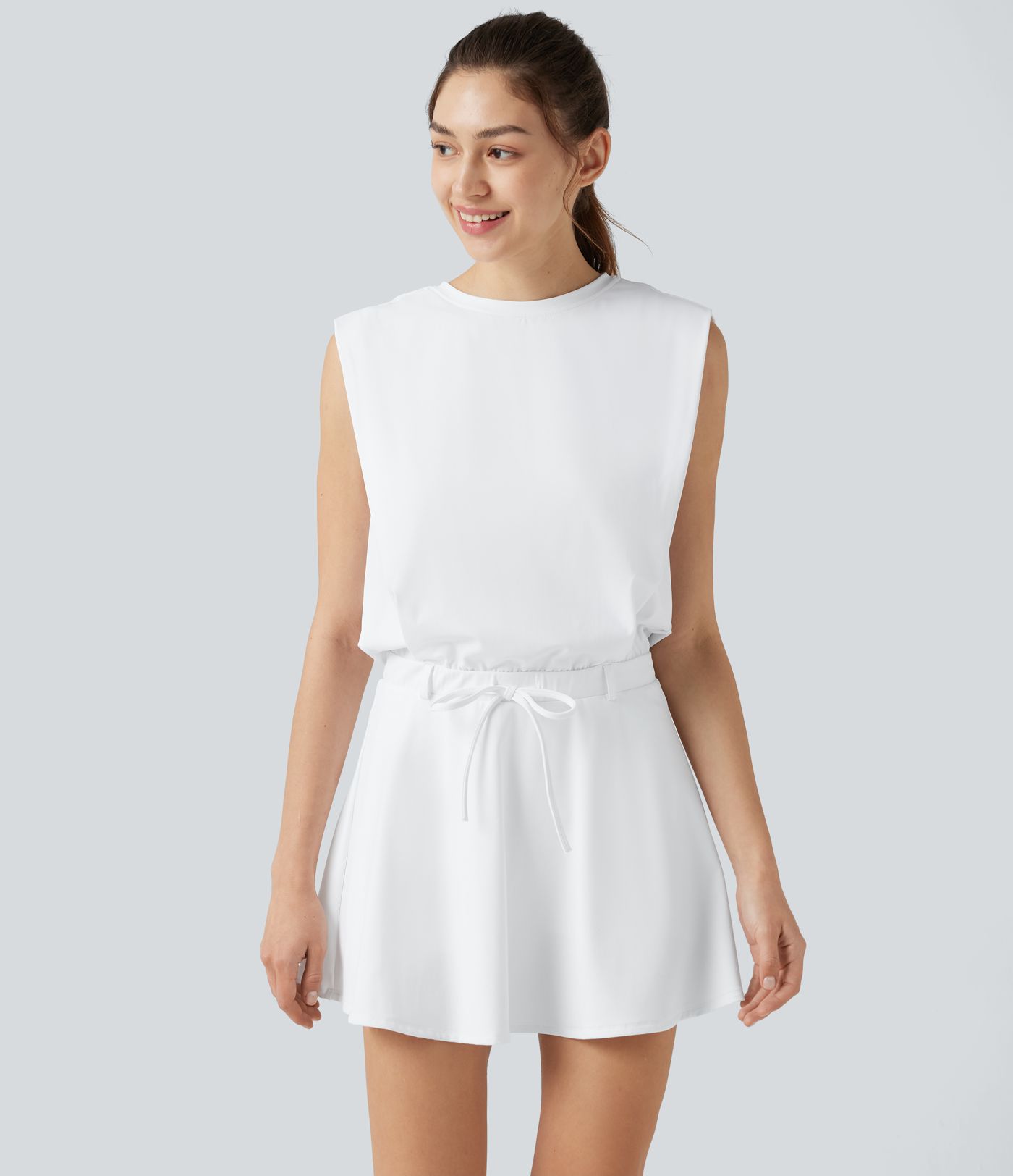 SoftlyZero™ Airy Round Neck Sleeveless Drawstring Cool Touch 2-Piece Mini Workout Active Dress with Pockets-UPF50+