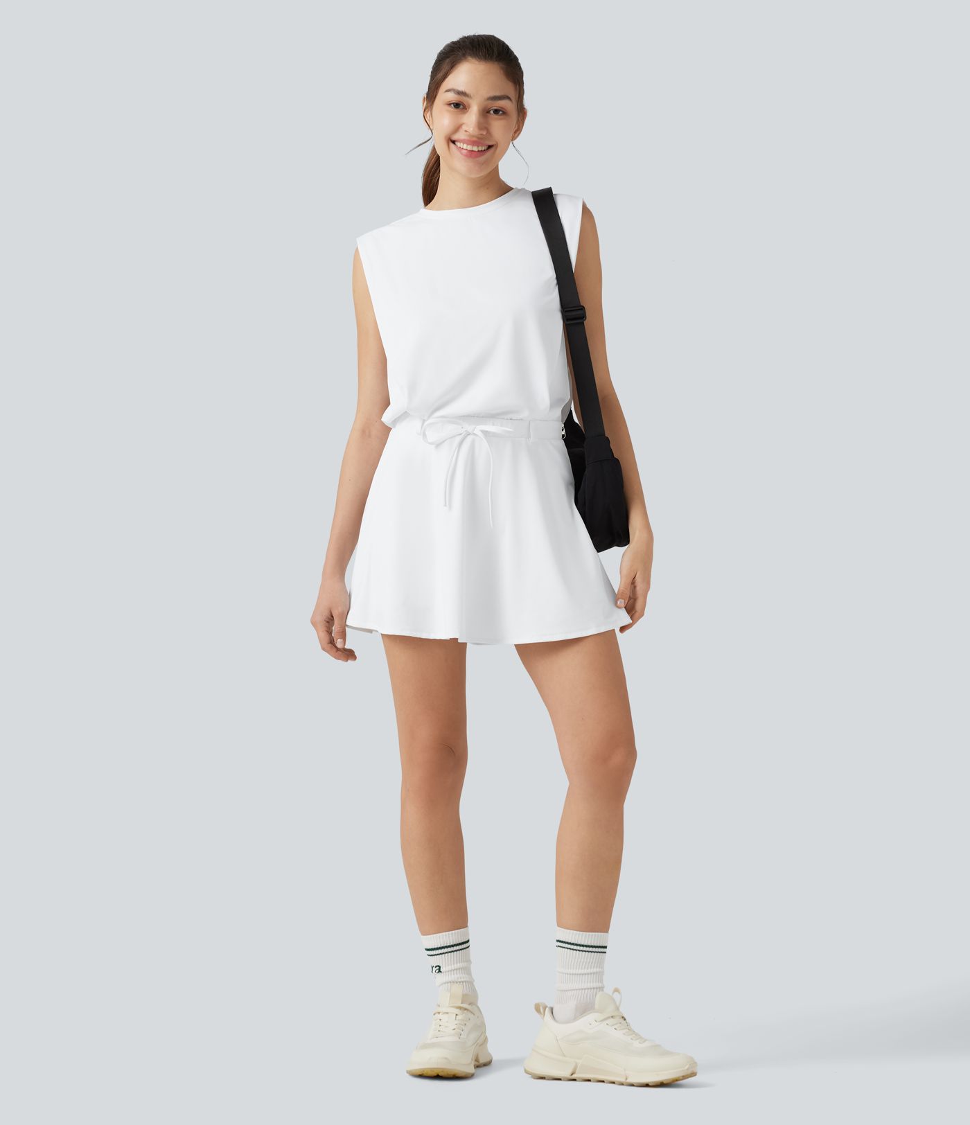 SoftlyZero™ Airy Round Neck Sleeveless Drawstring Cool Touch 2-Piece Mini Workout Active Dress with Pockets-UPF50+
