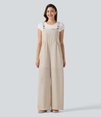 Stripe Casual Linen-Feel Overalls with Pockets Stripe Casual Linen-Feel Overalls with Pockets