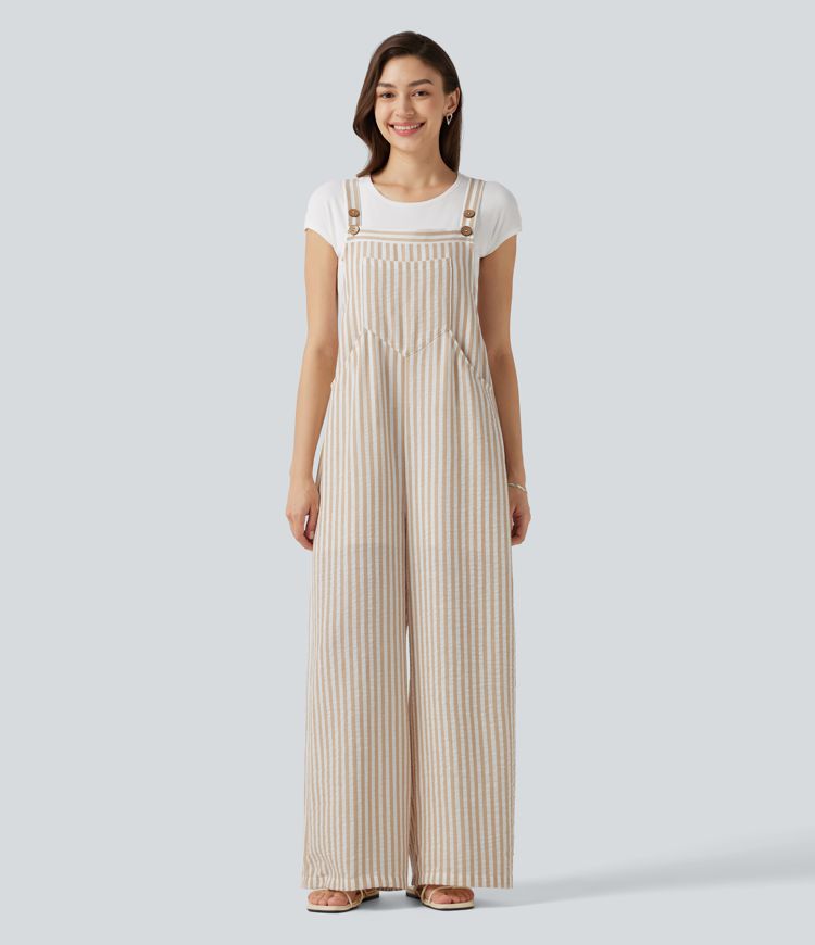 Stripe Casual Linen-Feel Overalls with Pockets Stripe Casual Linen-Feel Overalls with Pockets