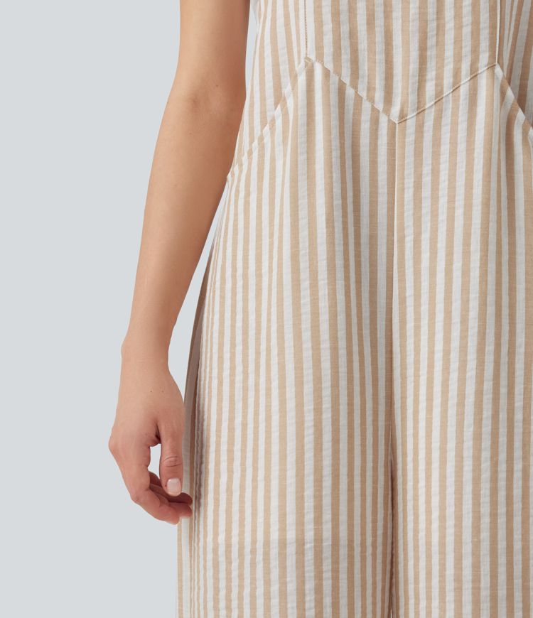 Stripe Casual Linen-Feel Overalls with Pockets Stripe Casual Linen-Feel Overalls with Pockets