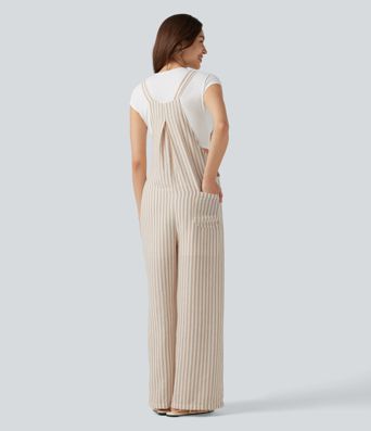 Stripe Casual Linen-Feel Overalls with Pockets Stripe Casual Linen-Feel Overalls with Pockets
