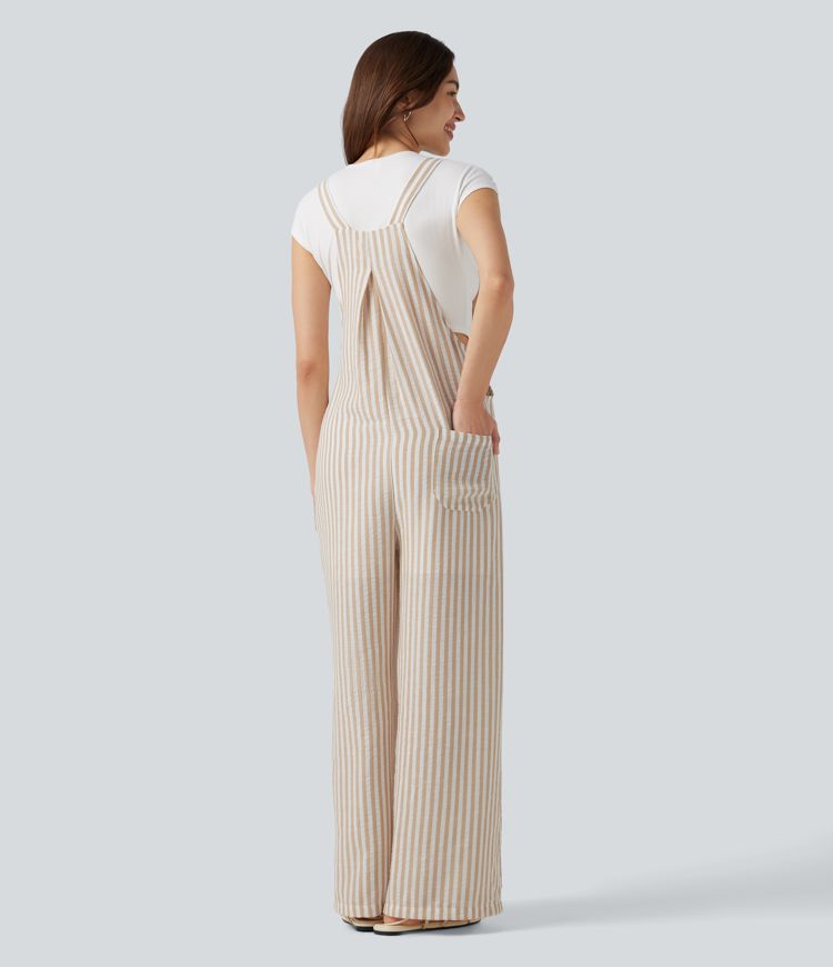 Stripe Casual Linen-Feel Overalls with Pockets Stripe Casual Linen-Feel Overalls with Pockets
