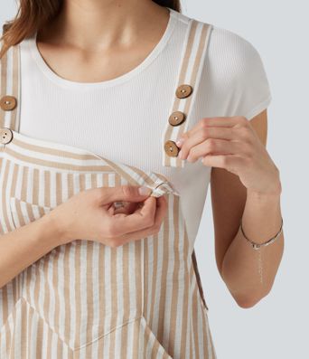 Stripe Casual Linen-Feel Overalls with Pockets Stripe Casual Linen-Feel Overalls with Pockets