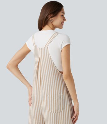 Stripe Casual Linen-Feel Overalls with Pockets Stripe Casual Linen-Feel Overalls with Pockets