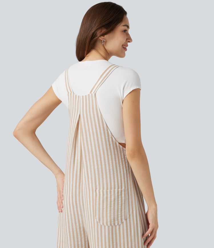 Stripe Casual Linen-Feel Overalls with Pockets Stripe Casual Linen-Feel Overalls with Pockets