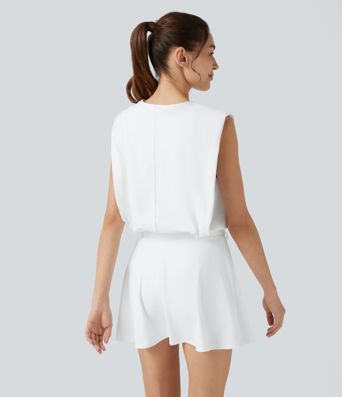 SoftlyZero™ Airy Round Neck Sleeveless Drawstring Cool Touch 2-Piece Mini Workout Active Dress with Pockets-UPF50+