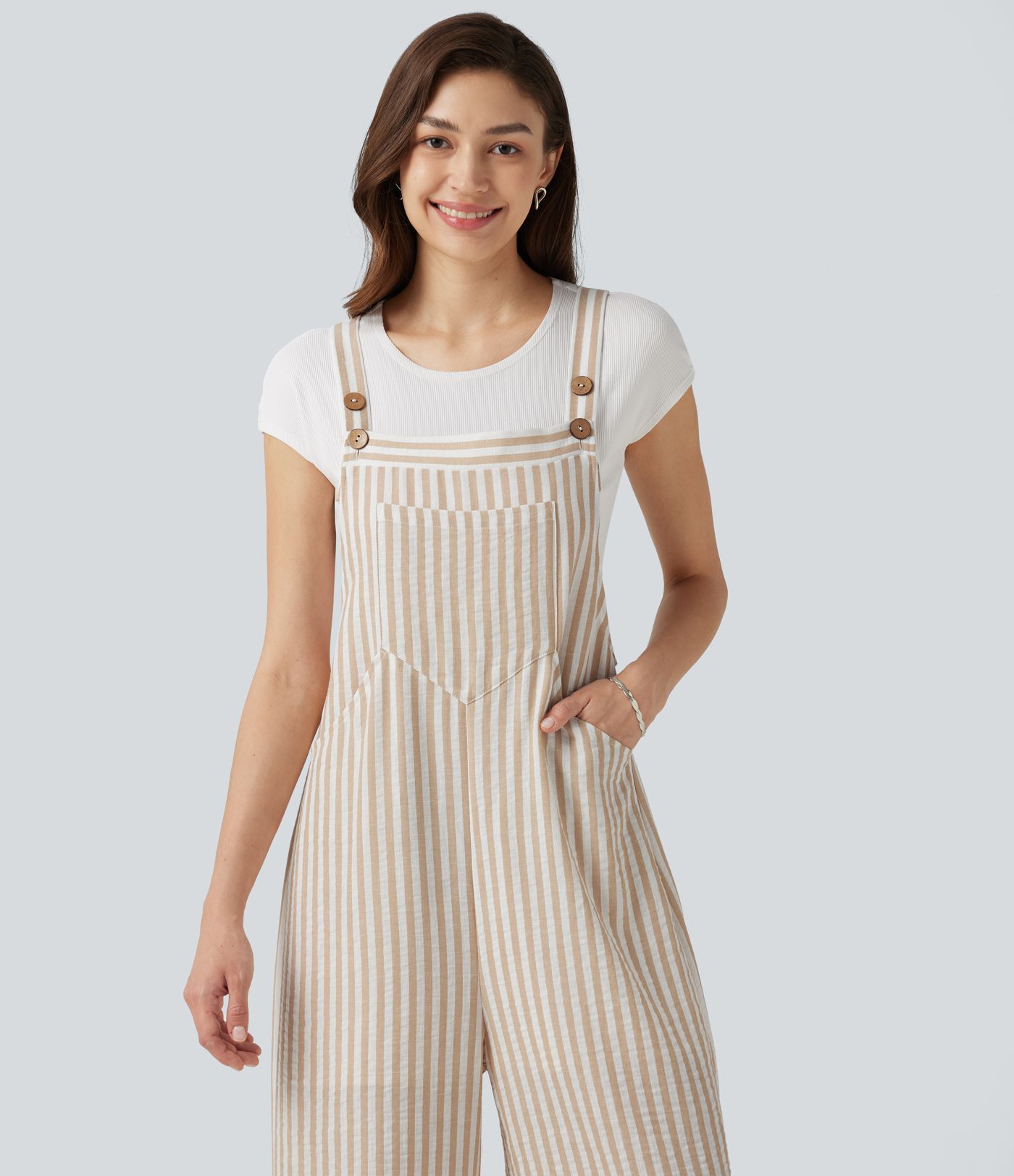 Stripe Casual Linen-Feel Overalls with Pockets Stripe Casual Linen-Feel Overalls with Pockets