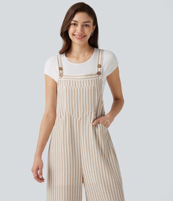 Stripe Casual Linen-Feel Overalls with Pockets Stripe Casual Linen-Feel Overalls with Pockets
