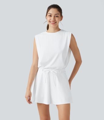SoftlyZero™ Airy Round Neck Sleeveless Drawstring Cool Touch 2-Piece Mini Workout Active Dress with Pockets-UPF50+