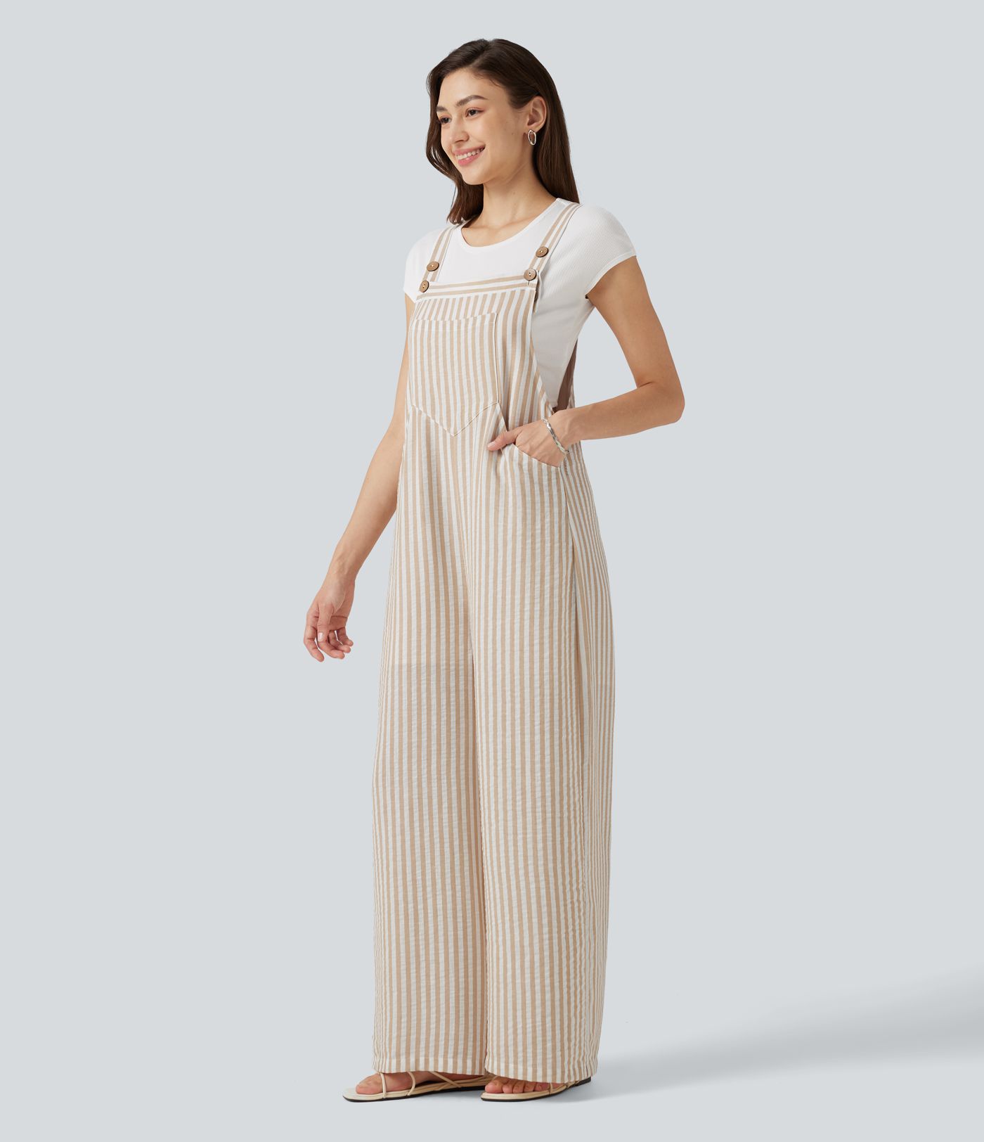 Stripe Casual Linen-Feel Overalls with Pockets Stripe Casual Linen-Feel Overalls with Pockets