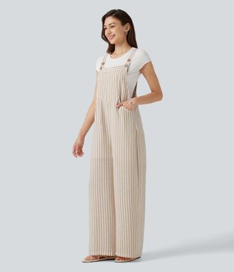 Stripe Casual Linen-Feel Overalls with Pockets Stripe Casual Linen-Feel Overalls with Pockets