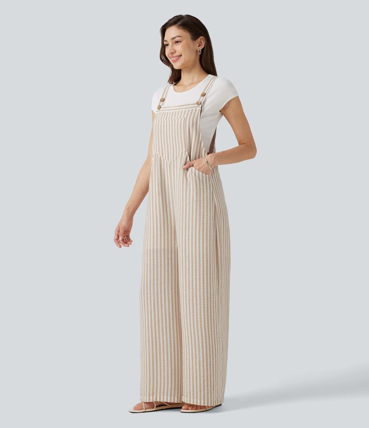 Stripe Casual Linen-Feel Overalls with Pockets Stripe Casual Linen-Feel Overalls with Pockets