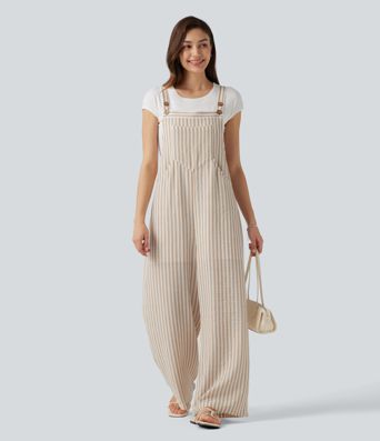 Stripe Casual Linen-Feel Overalls with Pockets Stripe Casual Linen-Feel Overalls with Pockets