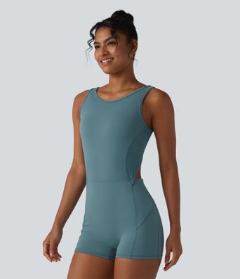 Backless Sleeveless Pockets Breathable Mesh Yoga Romper with Detachable Skirt-Easy Peezy