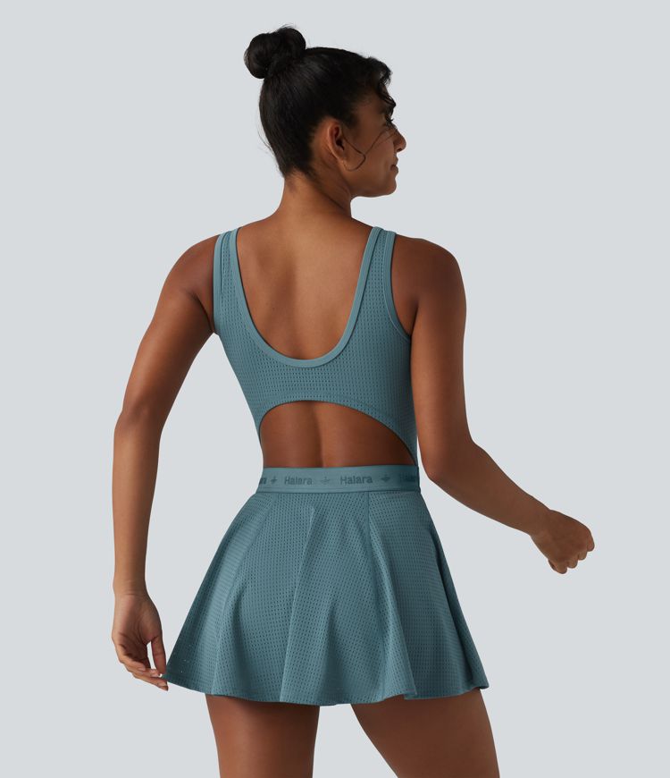 Backless Sleeveless Pockets Breathable Mesh Yoga Romper with Detachable Skirt-Easy Peezy