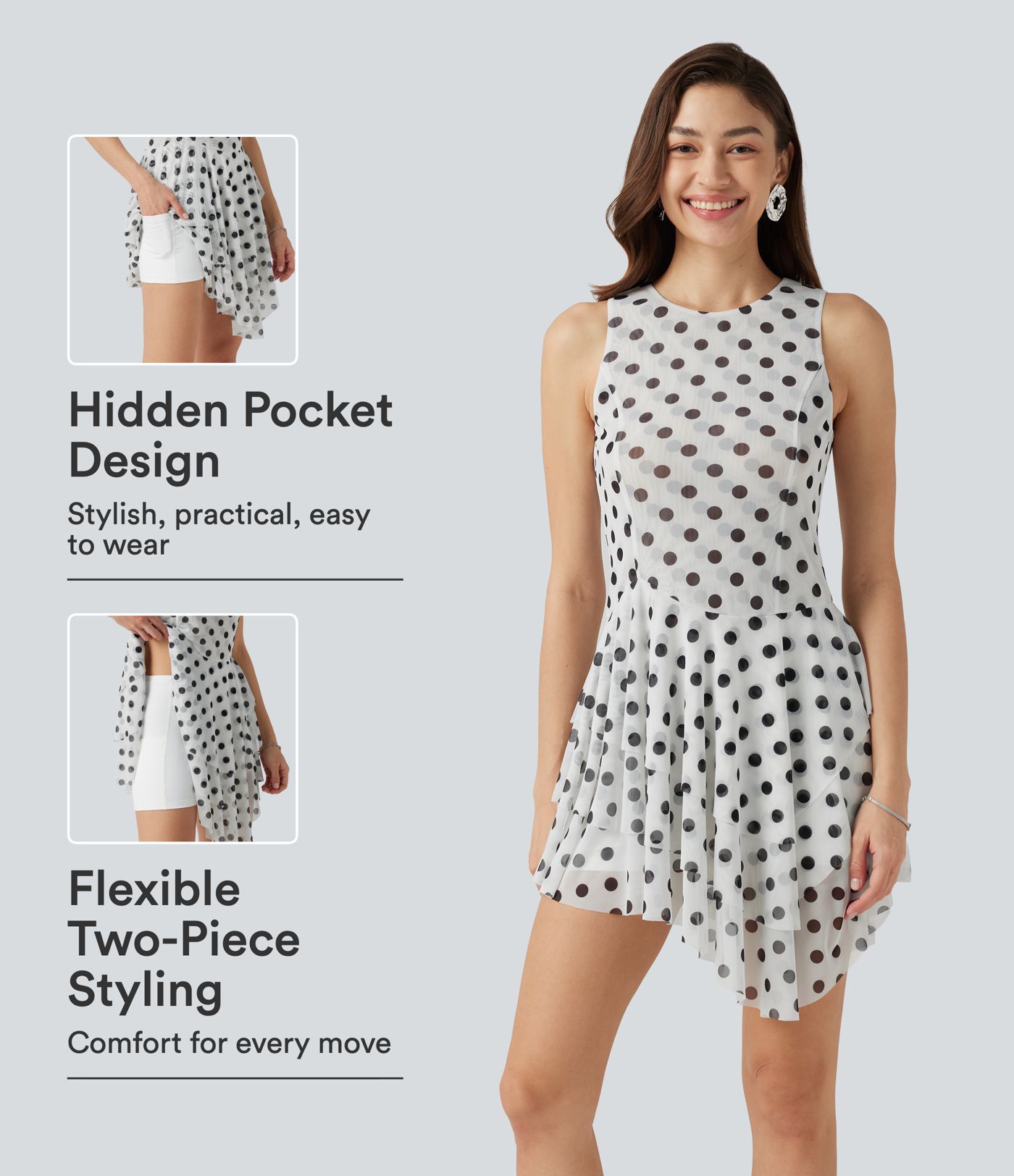 Round Neck Sleeveless Asymmetric Layered 2-Piece Polka Dot Mini Dress with Pocket Round Neck Sleeveless Asymmetric Layered 2-Piece Polka Dot Mini Dress with Pocket