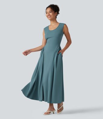 Ärmelloses Maxikleid mit U-Ausschnitt – lässig, fließend, mit Taschen