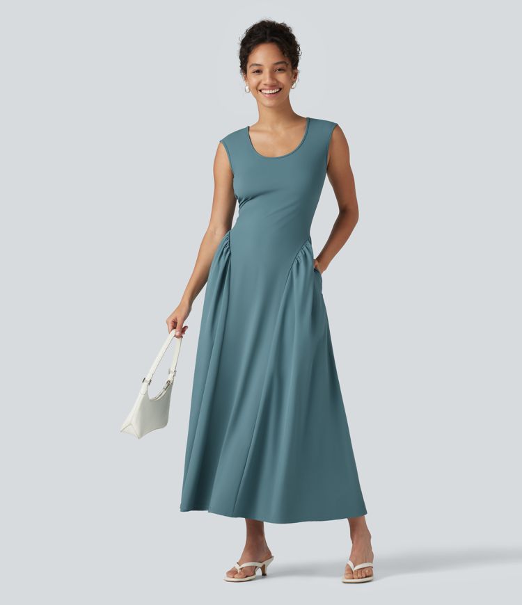Ärmelloses Maxikleid mit U-Ausschnitt – lässig, fließend, mit Taschen