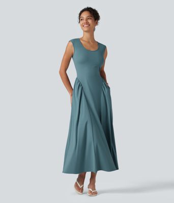 Ärmelloses Maxikleid mit U-Ausschnitt – lässig, fließend, mit Taschen