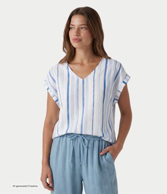 V Neck Cap Sleeve Striped Casual T-Shirt V Neck Cap Sleeve Striped Casual T-Shirt