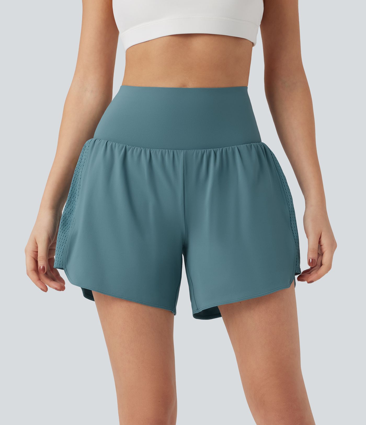 Super High Waisted Tummy Control Contrast Mesh 2-in-1 Yoga Shorts 5'' with Pockets Super High Waisted Tummy Control Contrast Mesh 2-in-1 Yoga Shorts 5'' with Pockets