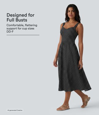 Sleeveless Backless Crossover Built-in Bra Polka Dot Midi Casual Flowy Dress with Pockets DD-F Cups