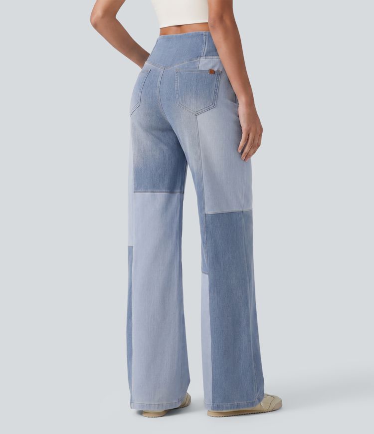 Halara Flex™ jean bootcut décontracté, taille haute à découpe croisée, effet gainant pour le ventre, avec empiècements et poches