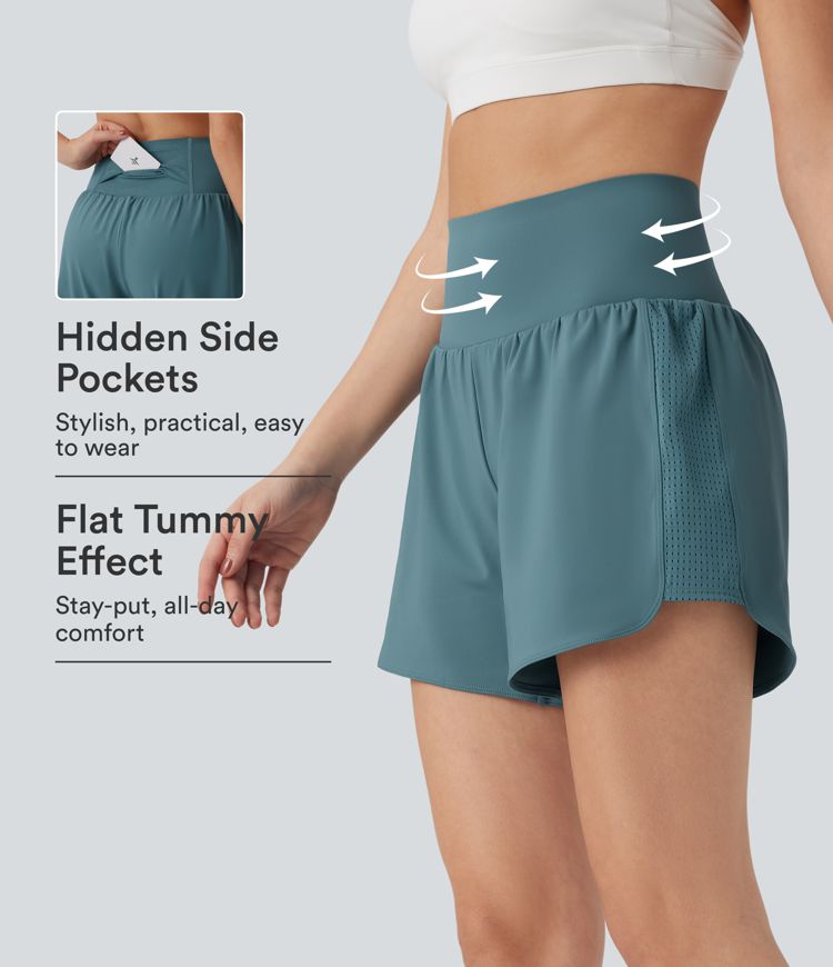 Super High Waisted Tummy Control Contrast Mesh 2-in-1 Yoga Shorts 5'' with Pockets Super High Waisted Tummy Control Contrast Mesh 2-in-1 Yoga Shorts 5'' with Pockets