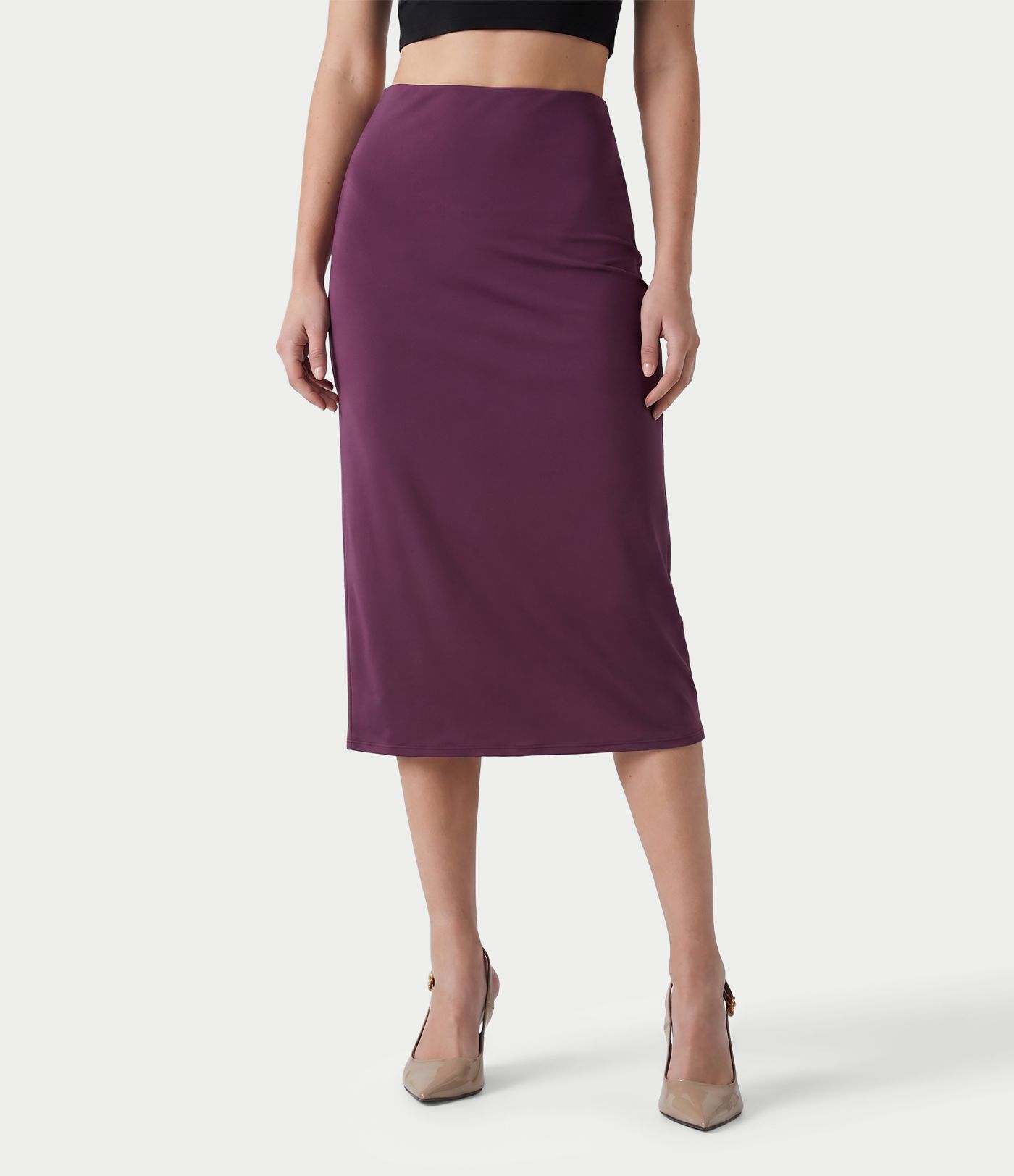 High Waisted Ruched Stretchy Satin-Like Cool Touch Midi Casual Pencil Skirt High Waisted Ruched Stretchy Satin-Like Cool Touch Midi Casual Pencil Skirt