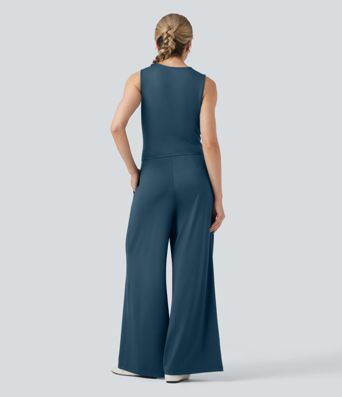 V-neck Sleeveless Pleated Crossover Tummy Control Casual Jumpsuit with Pockets-Easy Peezy V-neck Sleeveless Pleated Crossover Tummy Control Casual Jumpsuit with Pockets-Easy Peezy