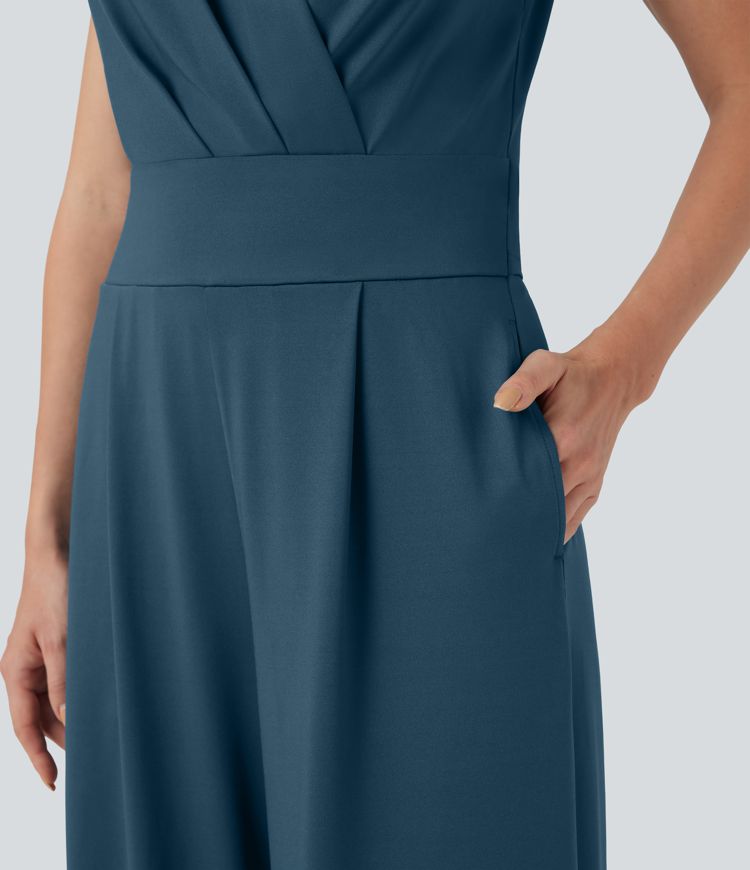 V-neck Sleeveless Pleated Crossover Tummy Control Casual Jumpsuit with Pockets-Easy Peezy V-neck Sleeveless Pleated Crossover Tummy Control Casual Jumpsuit with Pockets-Easy Peezy