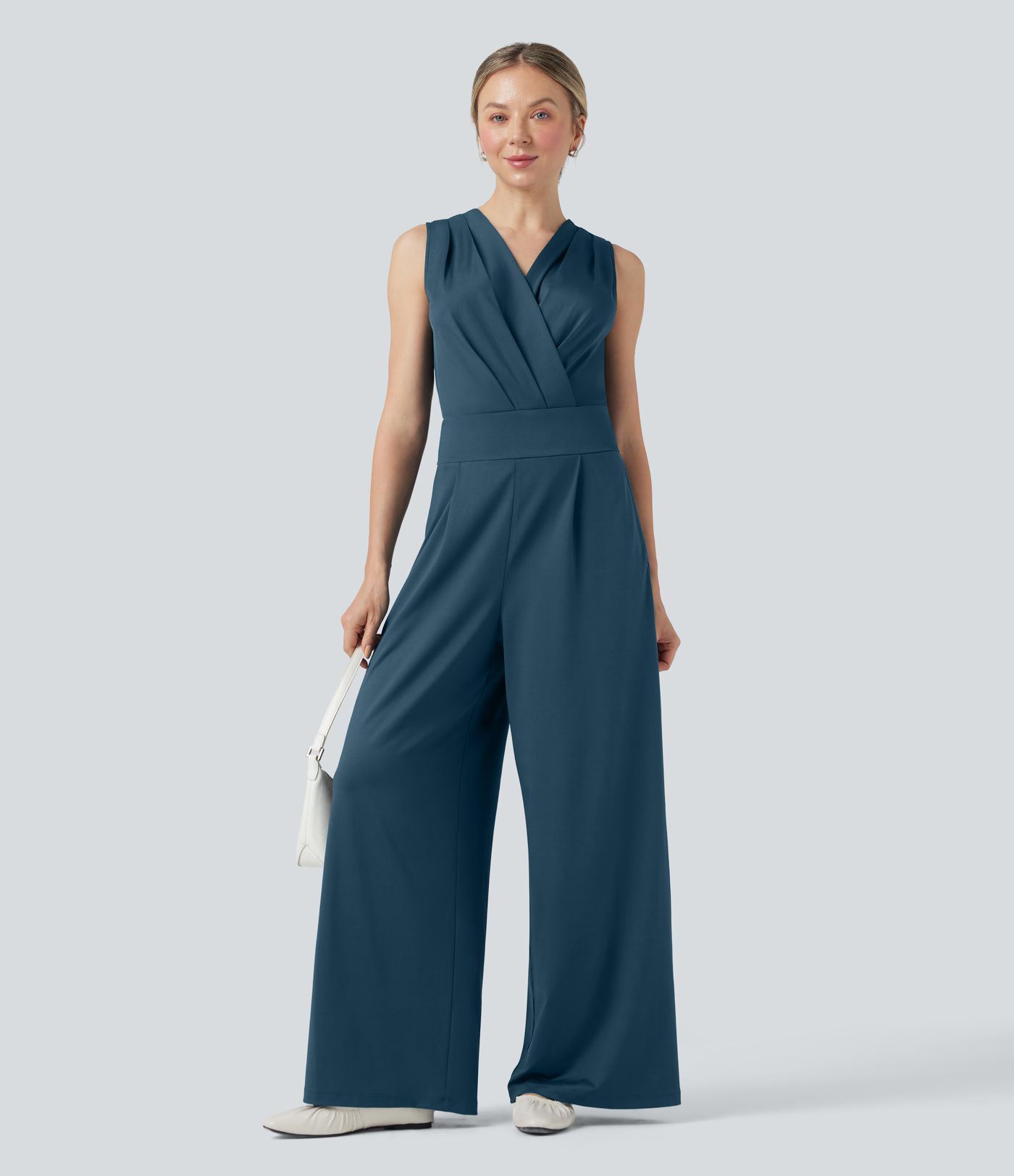 V-neck Sleeveless Pleated Crossover Tummy Control Casual Jumpsuit with Pockets-Easy Peezy V-neck Sleeveless Pleated Crossover Tummy Control Casual Jumpsuit with Pockets-Easy Peezy