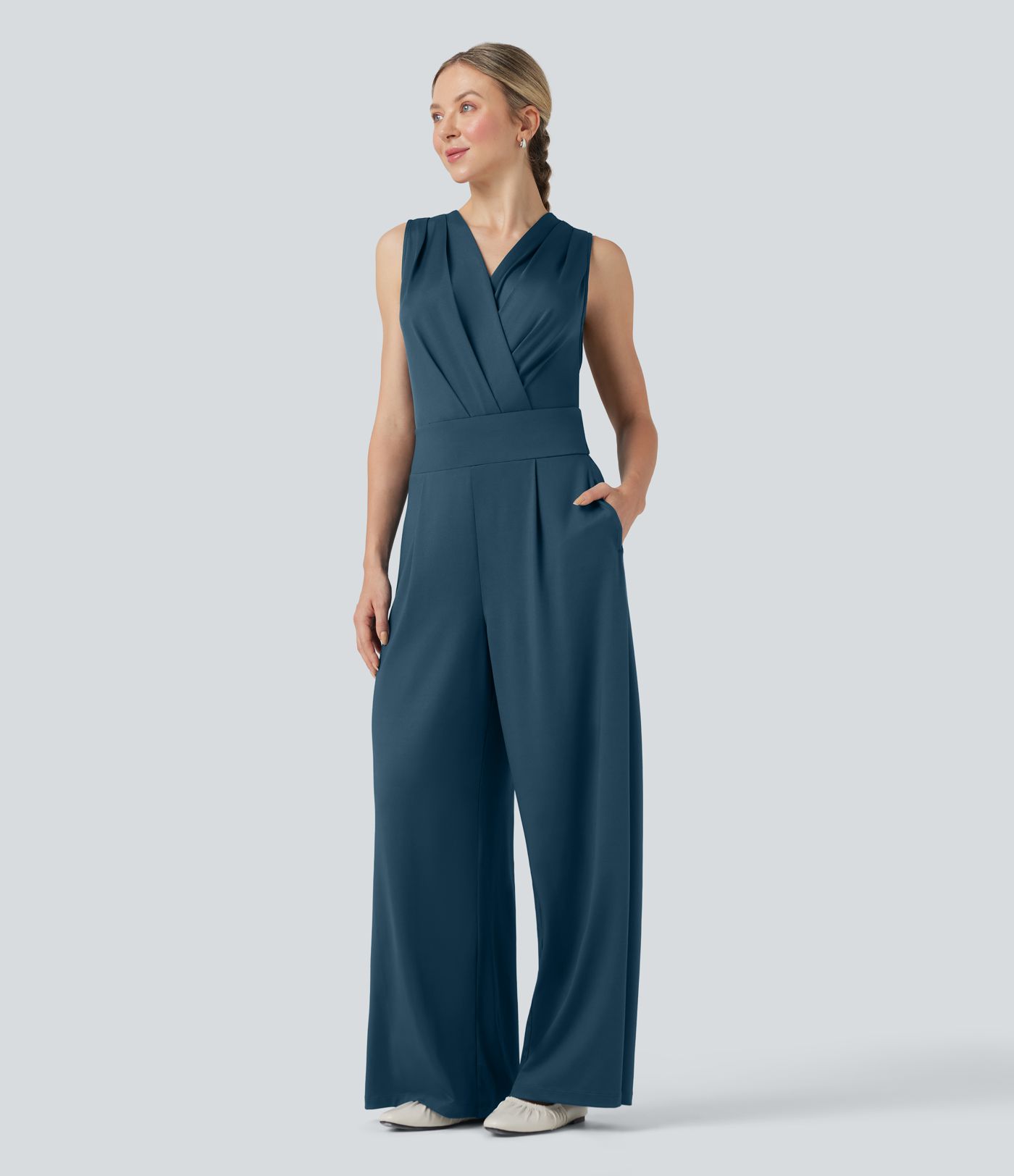 V-neck Sleeveless Pleated Crossover Tummy Control Casual Jumpsuit with Pockets-Easy Peezy V-neck Sleeveless Pleated Crossover Tummy Control Casual Jumpsuit with Pockets-Easy Peezy
