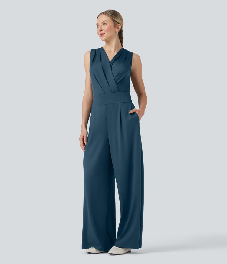 V-neck Sleeveless Pleated Crossover Tummy Control Casual Jumpsuit with Pockets-Easy Peezy V-neck Sleeveless Pleated Crossover Tummy Control Casual Jumpsuit with Pockets-Easy Peezy