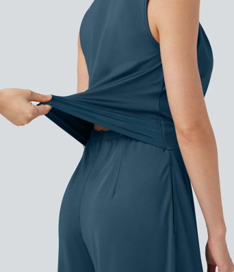 V-neck Sleeveless Pleated Crossover Tummy Control Casual Jumpsuit with Pockets-Easy Peezy V-neck Sleeveless Pleated Crossover Tummy Control Casual Jumpsuit with Pockets-Easy Peezy