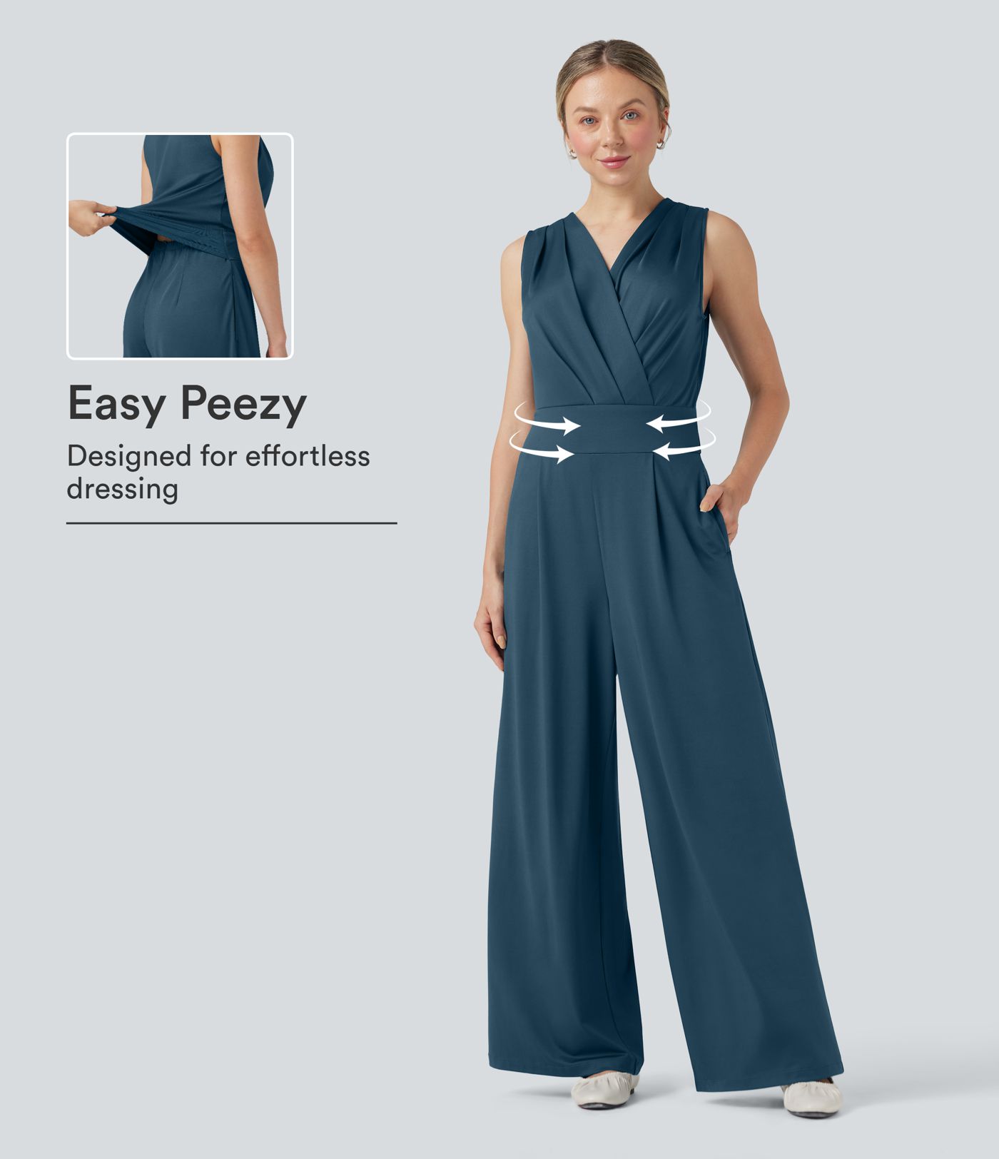 V-neck Sleeveless Pleated Crossover Tummy Control Casual Jumpsuit with Pockets-Easy Peezy V-neck Sleeveless Pleated Crossover Tummy Control Casual Jumpsuit with Pockets-Easy Peezy