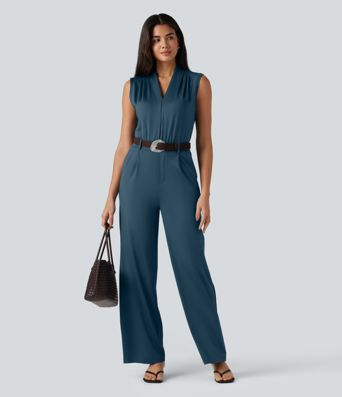Macacão de trabalho sem mangas com decote em V e bolsos - Edição Superfácil