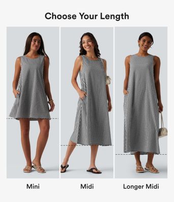 Round Neck Sleeveless Midi Crinkle Gingham Casual Tank Dress with Pockets