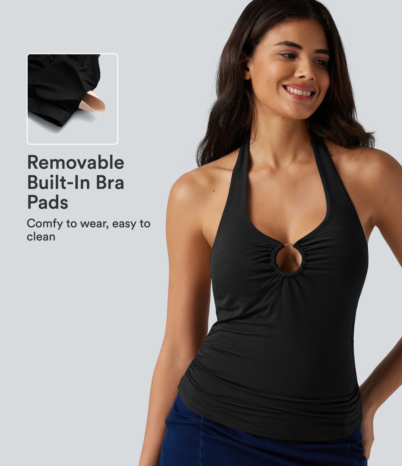Halter Tie Back Built-in Bra Ruched Casual Tank Top Halter Tie Back Built-in Bra Ruched Casual Tank Top
