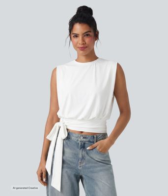 Top casual girocollo senza maniche con laccio laterale, effetto fresco - UPF50+
