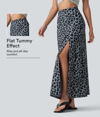 High Waisted Tummy Control Leopard Print Waffle Maxi Casual Skirt with Pocket