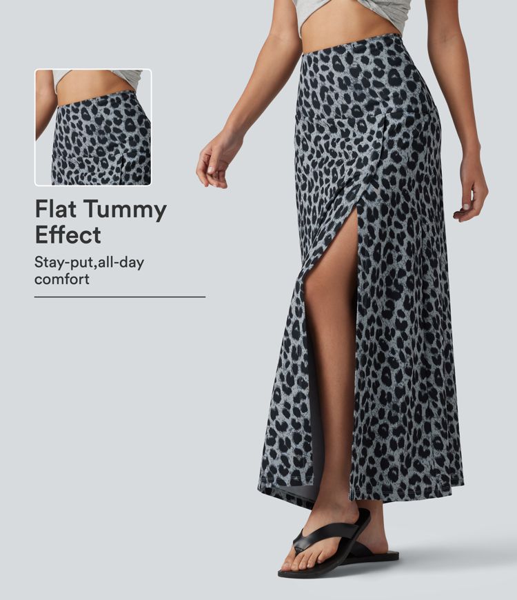 High Waisted Tummy Control Leopard Print Waffle Maxi Casual Skirt with Pocket