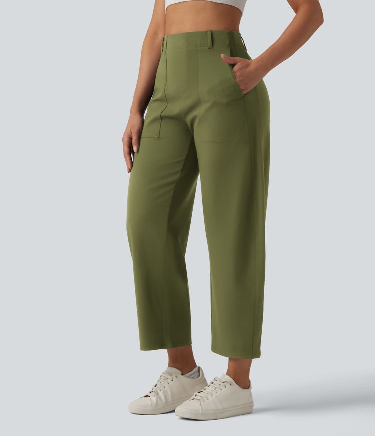 DayStretch High Waisted Barrel Leg Casual Trousers with Pockets