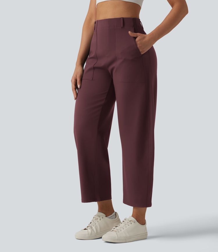 DayStretch High Waisted Barrel Leg Casual Trousers with Pockets